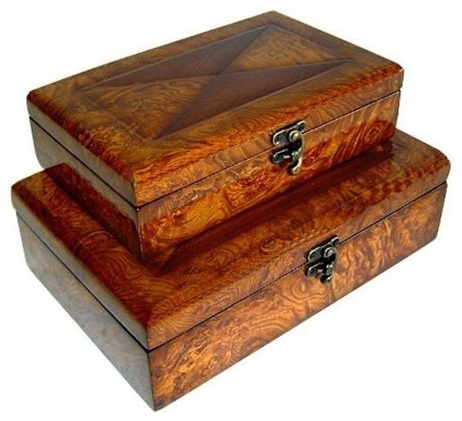 X-Cross Wooden Box Storage Treasure Chest w Lined Interior, Set of 2