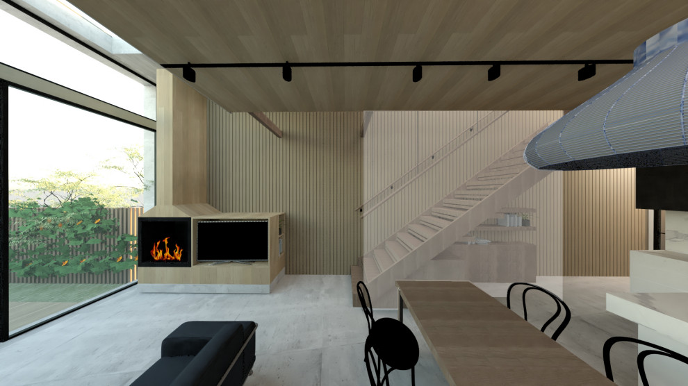 Idées déco pour un salon contemporain de taille moyenne et ouvert avec une cheminée standard, un manteau de cheminée en bois, un téléviseur encastré et un sol gris.