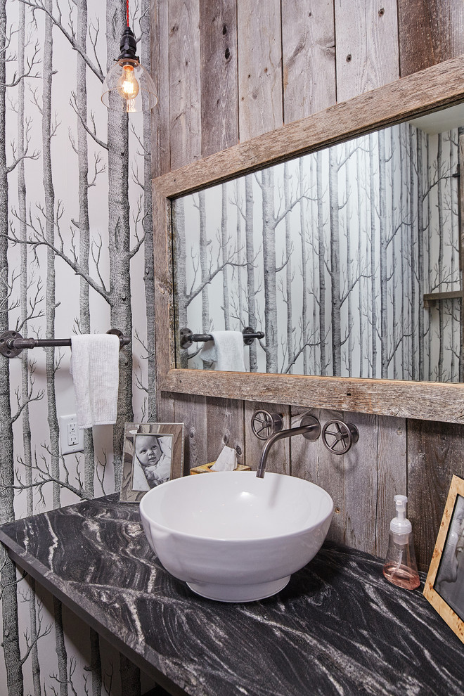 Inspiration for a country powder room in Other with a vessel sink and multi-coloured walls.
