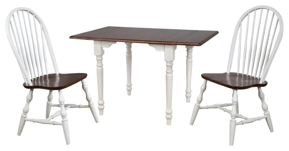 3 Piece Drop Leaf Dining Set, Antique White/Chestnut Brown, Spindleback