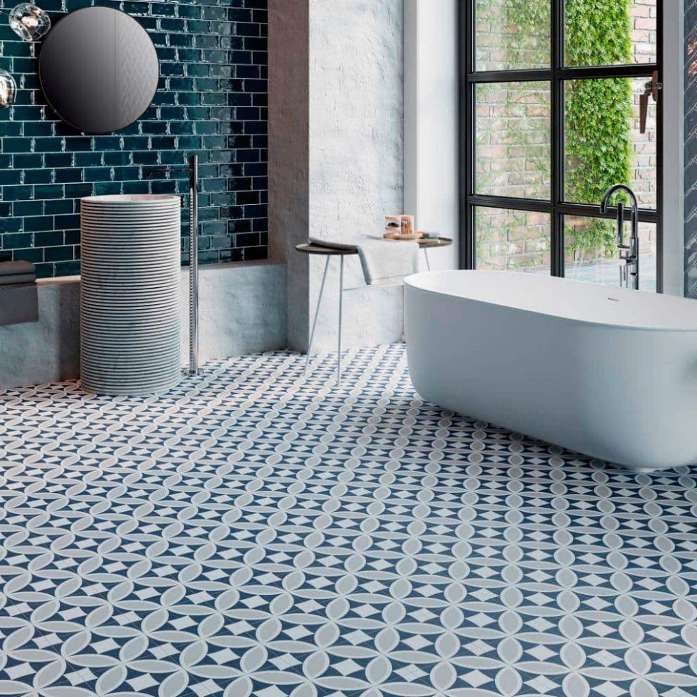 Design ideas for a medium sized bathroom in Other with blue tiles, ceramic tiles, blue walls, ceramic flooring and blue floors.
