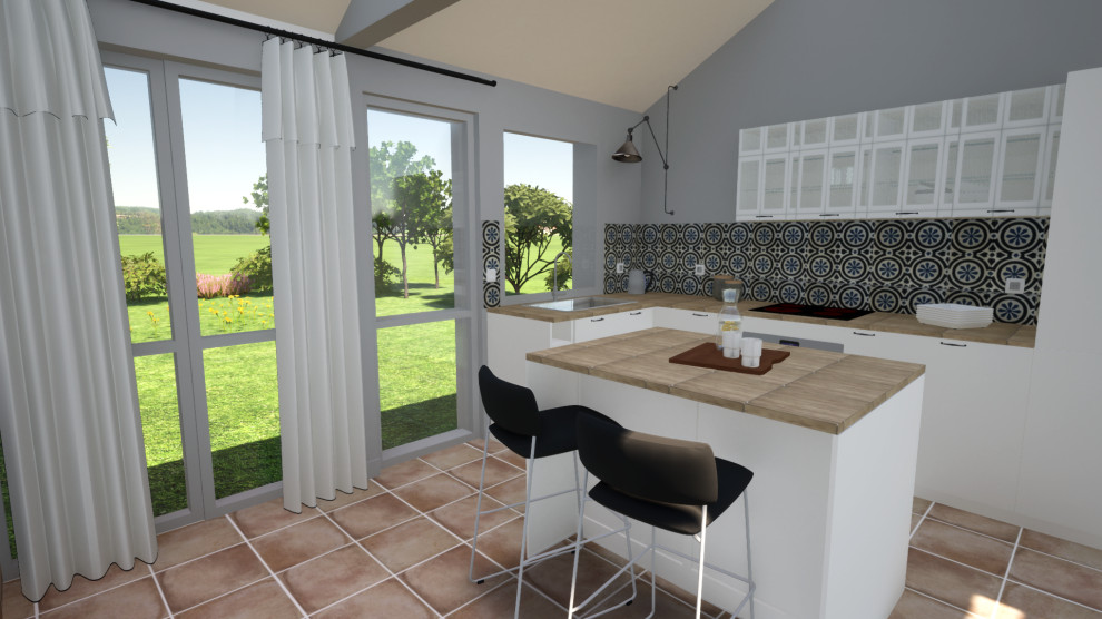 This is an example of a medium sized rural l-shaped enclosed kitchen in Angers with a belfast sink, glass-front cabinets, white cabinets, wood worktops, blue splashback, cement tile splashback, integrated appliances, ceramic flooring and an island.