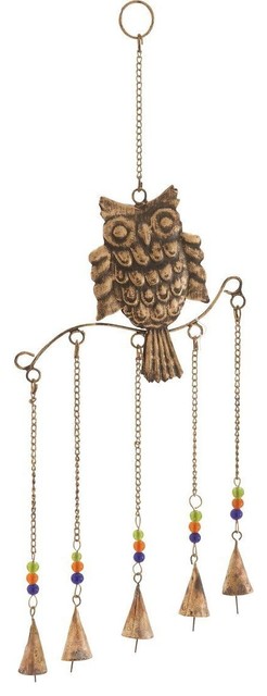 Owl Wind Chime Natural Style with 5 Bells in Colored Beads