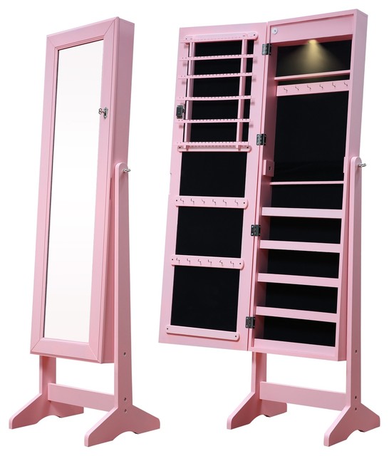 Jewelry Cabinet Free Standing Lockable Organizer Led Adjustable Storage Pink