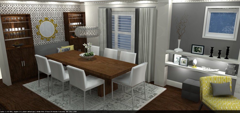 Photo of a mid-sized contemporary open plan dining in Toronto with grey walls, medium hardwood floors and no fireplace.