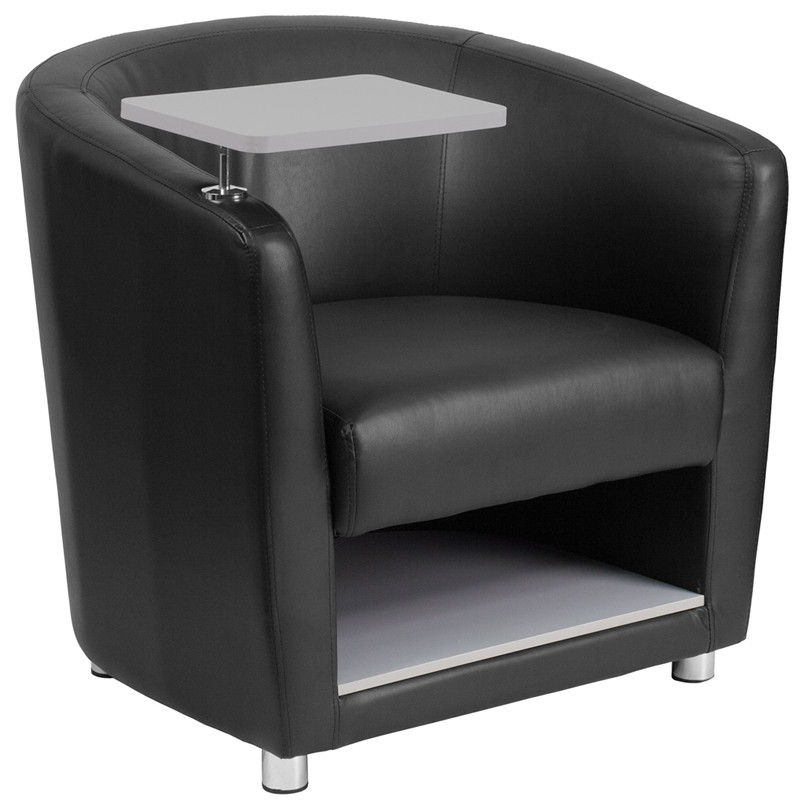 Black Leather Guest Chair With Tablet Arm, Chrome Legs and Under Seat