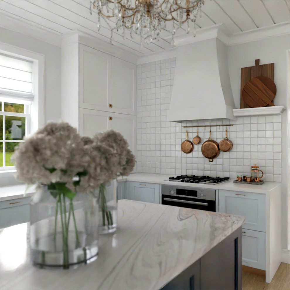 Exempel på ett mellanstort flerfärgad flerfärgat kök, med en rustik diskho, skåp i shakerstil, blå skåp, bänkskiva i kvarts, vitt stänkskydd, stänkskydd i cementkakel, integrerade vitvaror, ljust trägolv, en köksö och brunt golv