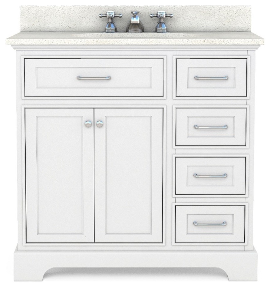 RoomAndLoft Ventura 36" Wood Bathroom Vanity in White Quartz Top & 1 Basin, 36" Transitional