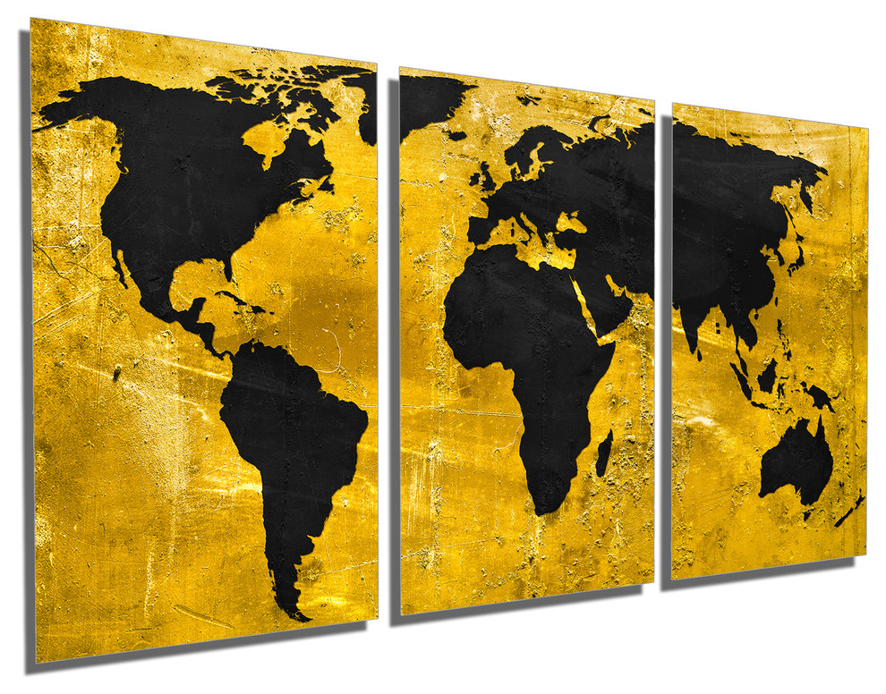 Black And Gold World Map Metal Print Wall Art 3 Panel Split Triptych