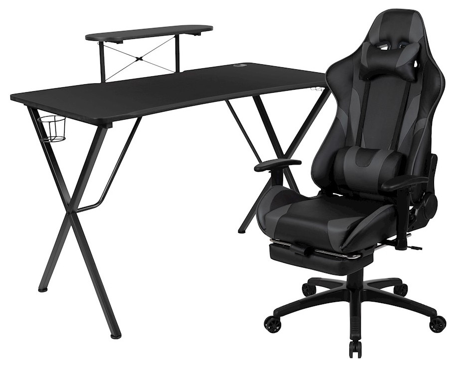 Flash Black Gaming Desk & Gray Reclining Gaming Chair/Footrest