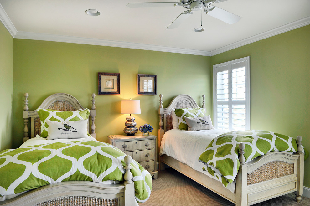 Inspiration for a beach style bedroom in Philadelphia with green walls.