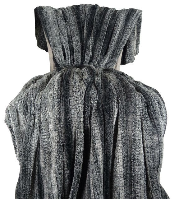 Plutus Cuddle Charcoal Fringe Handmade Blanket, 70"x90"