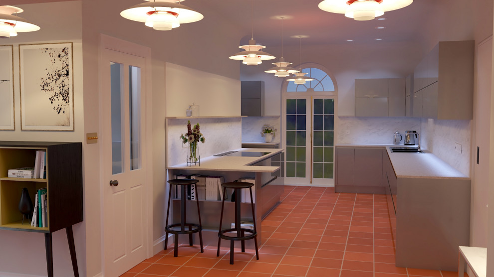 Bild på ett mellanstort funkis kök, med släta luckor, laminatbänkskiva, stänkskydd i porslinskakel, integrerade vitvaror, klinkergolv i terrakotta och en halv köksö