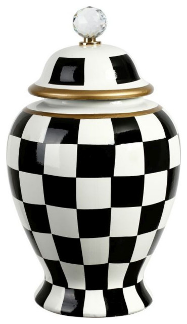 Mark Roberts Spring 2022 Checkered Urn with Lid, Large, 15", Black/White