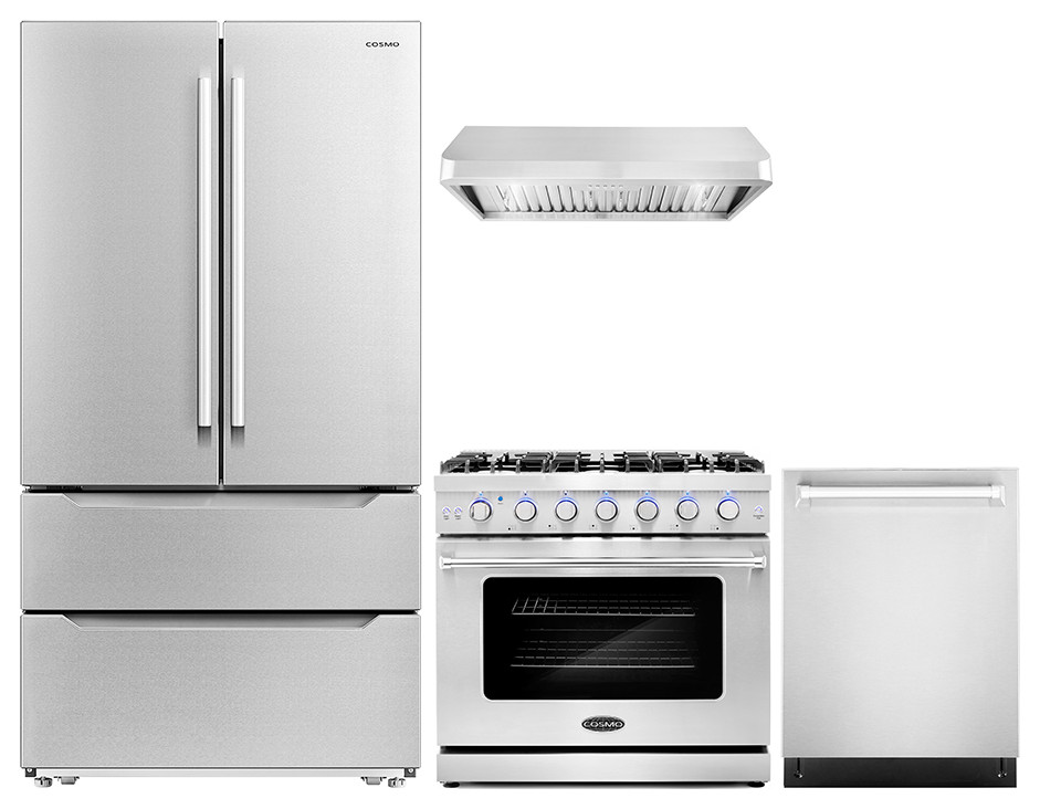 4 Piece, 36" Gas Range 36"Range Hood 24" Dishwasher & French Door