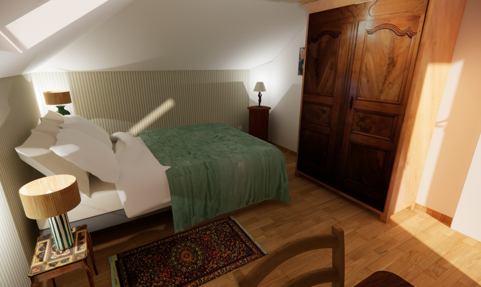 Réemplois pour la décoration de deux chambres sous combles en ville