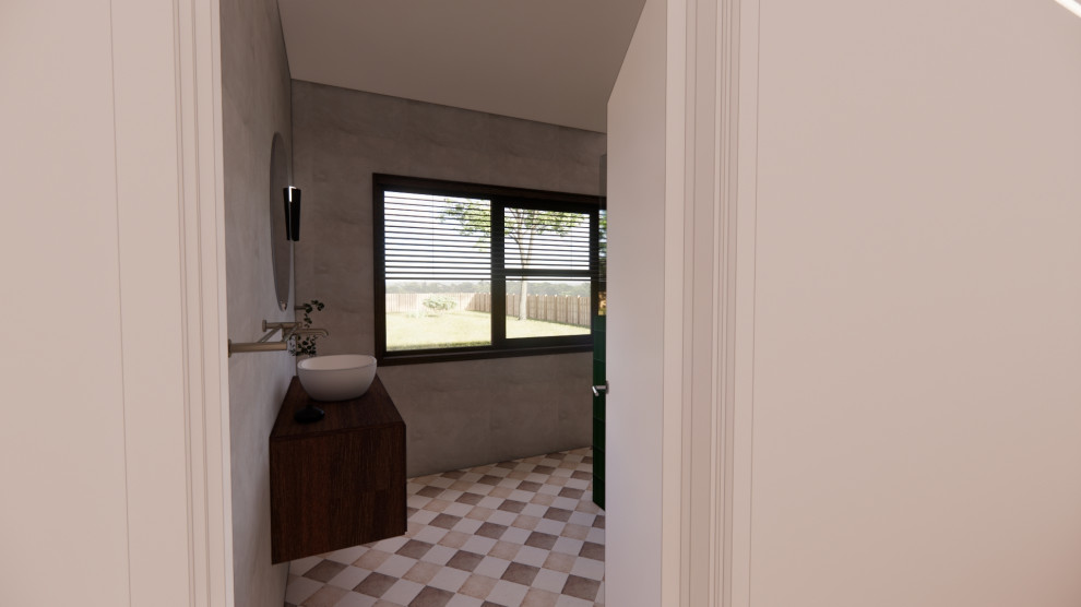 This is an example of a mid-sized midcentury powder room in Other with raised-panel cabinets, dark wood cabinets, a one-piece toilet, beige tile, porcelain tile, beige walls, porcelain floors, a vessel sink, wood benchtops, multi-coloured floor, blue benchtops and a floating vanity.
