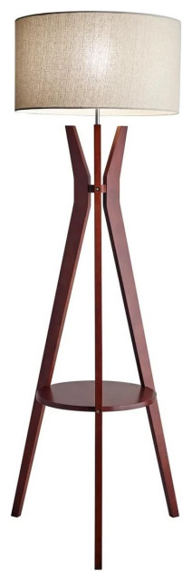 Contemporary Floor Lamp, Unique Tripod Design With Round Shelf and Linen Shade