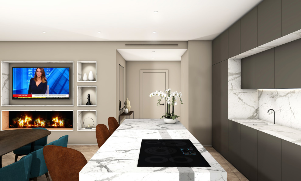 Идея дизайна: огромная гостиная-столовая в современном стиле с бежевыми стенами, светлым паркетным полом, горизонтальным камином, фасадом камина из камня, коричневым полом и многоуровневым потолком