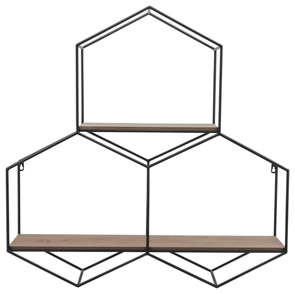 Metal/Wood, 31" Hexagon Wall Shelf, Black/Brown Industrial Display