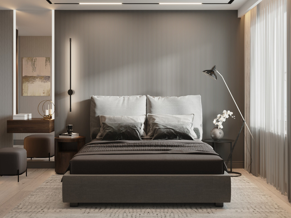 Источник вдохновения для домашнего уюта: хозяйская спальня среднего размера в современном стиле с серыми стенами