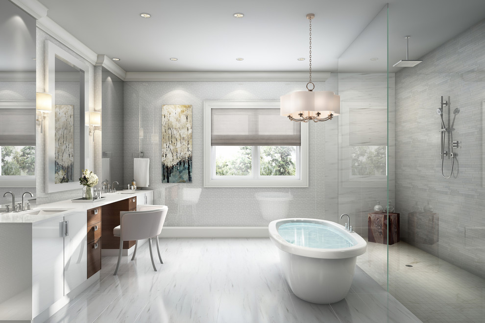 This is an example of a large transitional master bathroom in Toronto with an undermount sink, flat-panel cabinets, white cabinets, engineered quartz benchtops, a freestanding tub, an open shower, a one-piece toilet, gray tile, porcelain tile, grey walls and porcelain floors.