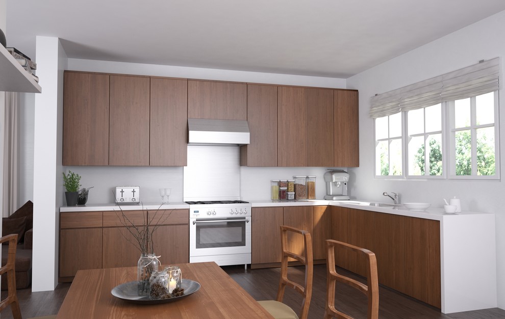 Mid-sized trendy l-shaped dark wood floor eat-in kitchen photo with an undermount sink, flat-panel cabinets, medium tone wood cabinets, laminate countertops, white backsplash, ceramic backsplash, stainless steel appliances and no island