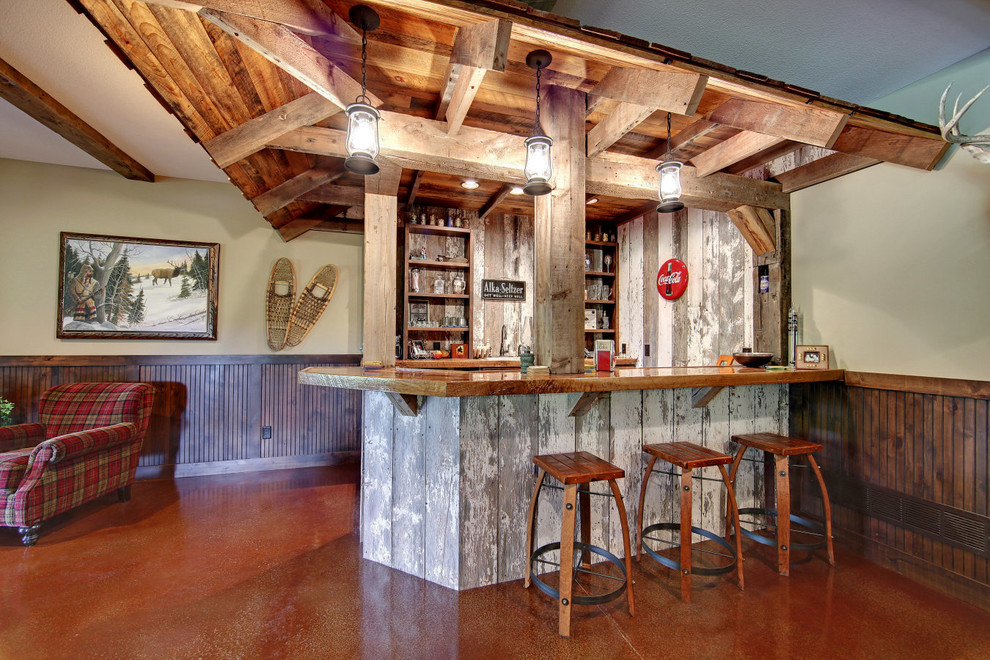Small country galley seated home bar in Minneapolis with open cabinets, distressed cabinets, wood benchtops and brown benchtop.