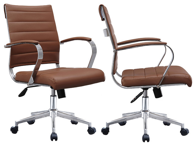 Set of 2 Mid Back Swivel Ribbed PU Leather Office Arm Chair Modern Ergonomic, Brown