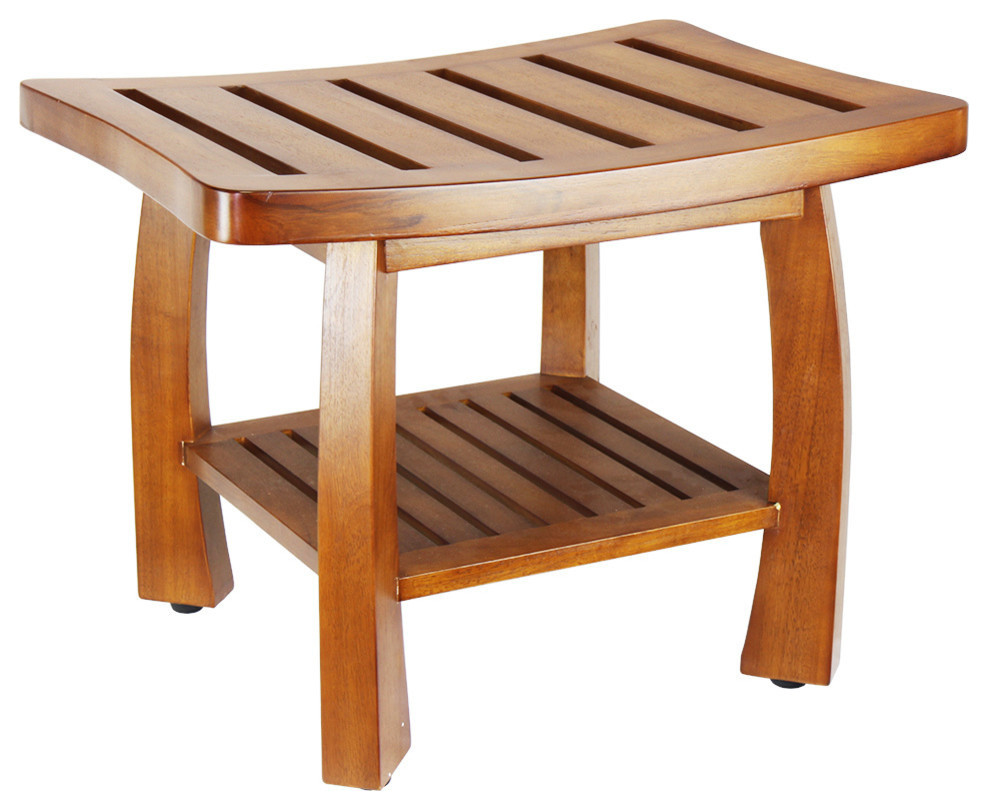 Oceanstar Solid Wood Spa Shower Bench with Storage Shelf, Teak Color