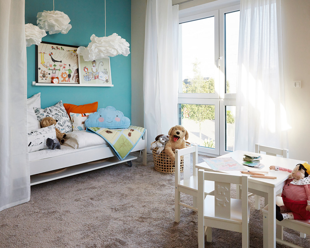 Design ideas for a mid-sized scandinavian gender-neutral kids' bedroom for kids 4-10 years old in Other with white walls, carpet and beige floor.