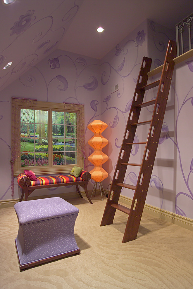 This is an example of an expansive traditional kids' playroom for kids 4-10 years old and girls in Omaha with purple walls and carpet.