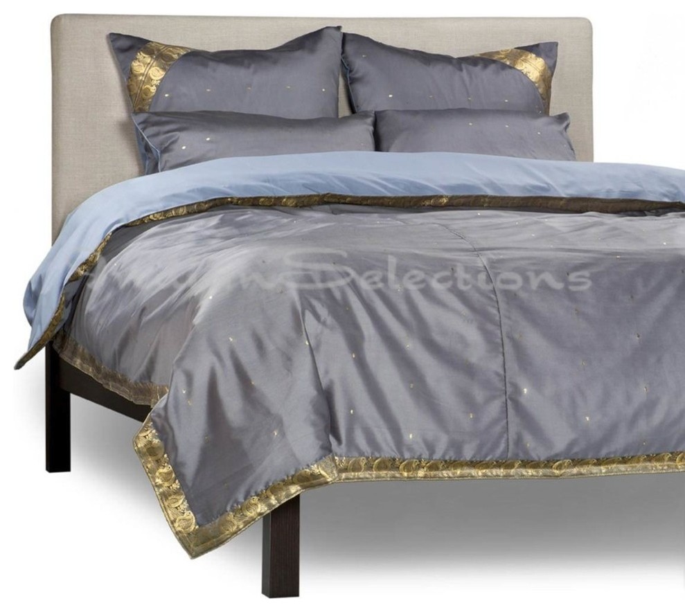 Gray 5 Piece Handmade Sari Duvet Cover Set with Pillow Covers Euro Sham, King Contemporary