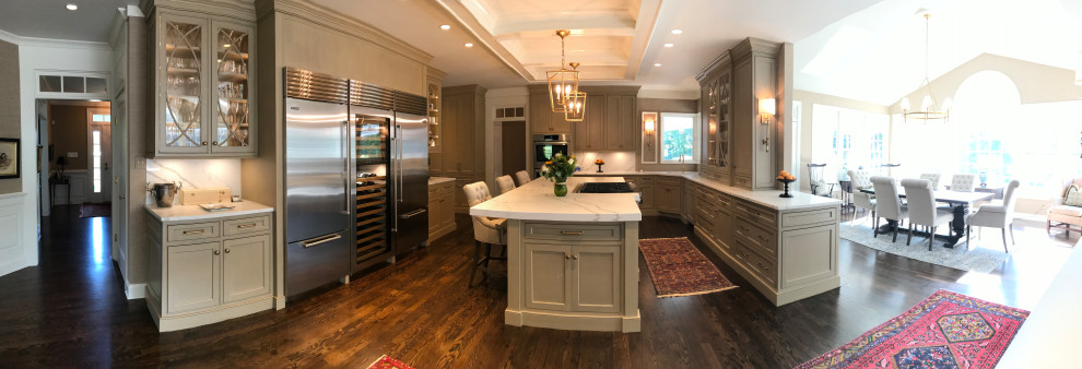 Inspiration for a large transitional u-shaped coffered ceiling eat-in kitchen remodel in DC Metro with shaker cabinets, gray cabinets, marble countertops, marble backsplash, stainless steel appliances and an island