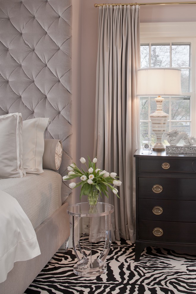 Inspiration for a mid-sized transitional master bedroom in New York with purple walls, carpet and no fireplace.