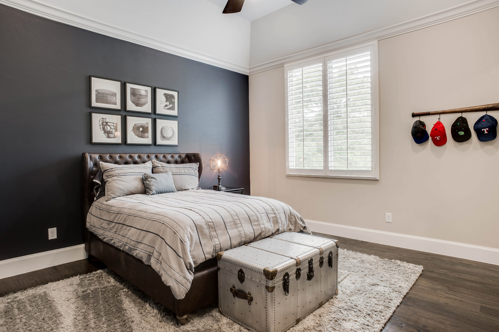 Photo of a mid-sized transitional bedroom in Dallas with grey walls, medium hardwood floors and brown floor.