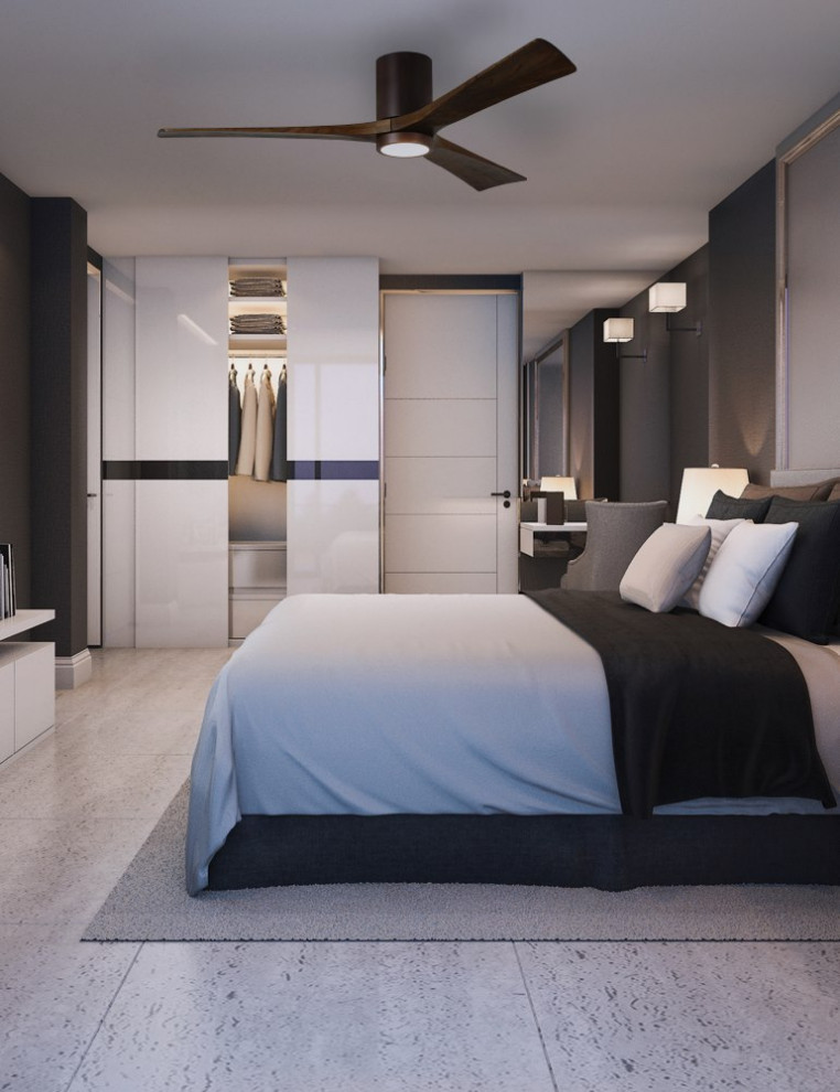 Foto di una grande camera da letto design con pareti grigie, pavimento in gres porcellanato e pavimento grigio