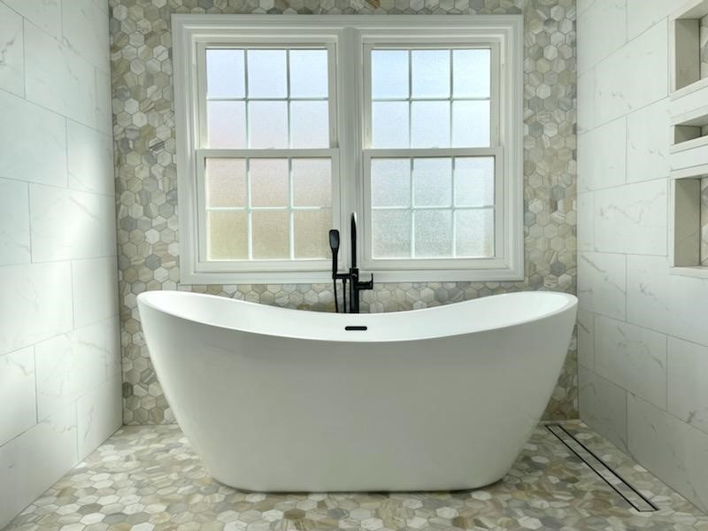 Exemple d'une petite salle de bain principale tendance avec un placard en trompe-l'oeil, des portes de placard blanches, une baignoire indépendante, une douche ouverte, un carrelage gris, des carreaux de céramique, un mur blanc, un sol en carrelage de céramique, un sol gris, une cabine de douche à porte coulissante, meuble double vasque et meuble-lavabo sur pied.