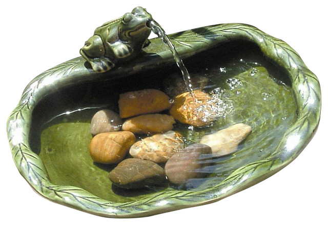 Green Glazed Ceramic Fountain Bird Bath With Frog And Solar Pump Green Glazed Ceramic Fountain Bird Bath With Frog And Solar Pump Contemporary Outdoor Fountains Ponds By Hilton Furnitures