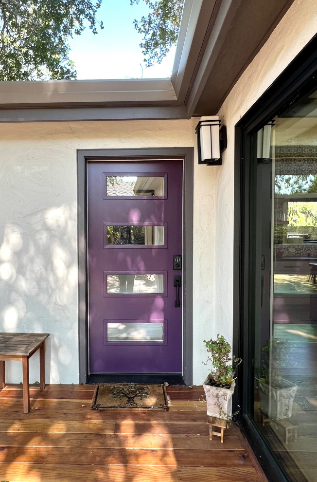 Small transitional front door in San Francisco with white walls, a single front door and a purple front door.