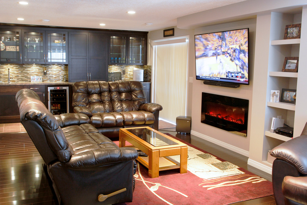 Basement - mid-sized transitional porcelain tile basement idea in Calgary with a standard fireplace