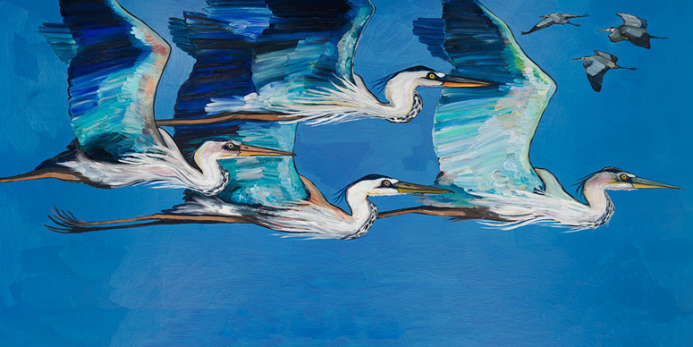 "Blue Herons Flight" Canvas Wall Art by Eli Halpin, 72"x36"