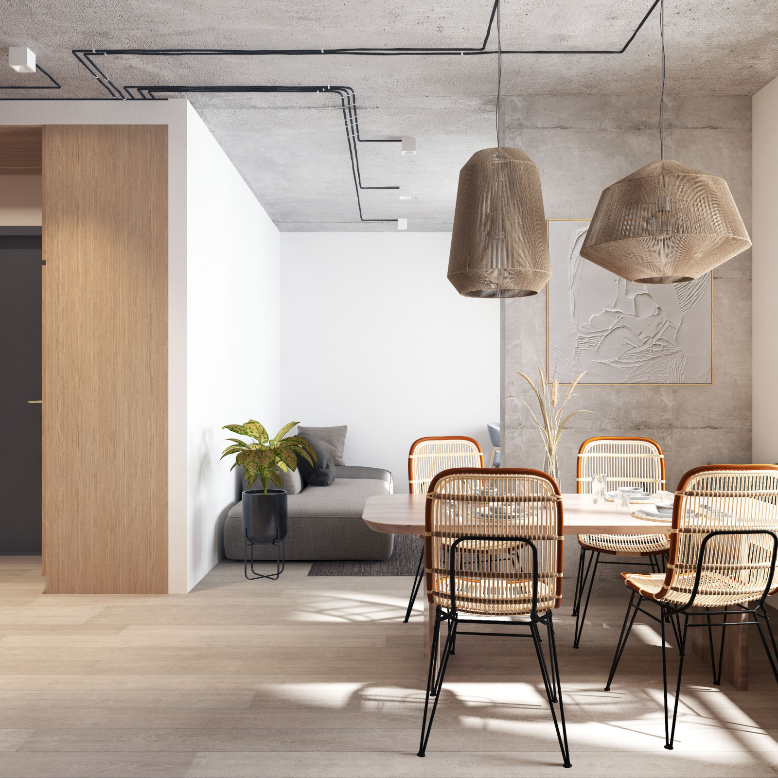 Вид из кухни на гостиную и прихожую