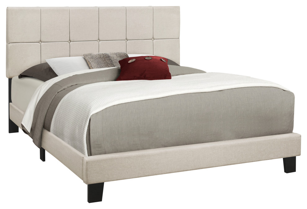 Bed Queen Size, Gray Linen Transitional Panel Beds by Monarch