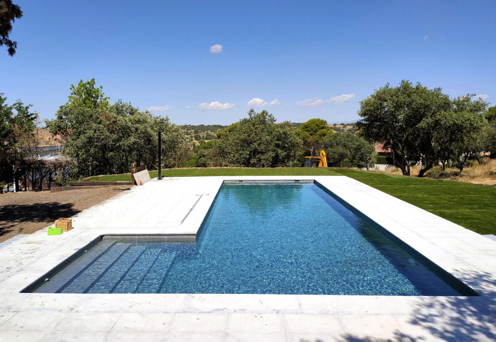 Diseño de piscina campestre de tamaño medio en forma de L en patio delantero con privacidad y granito descompuesto