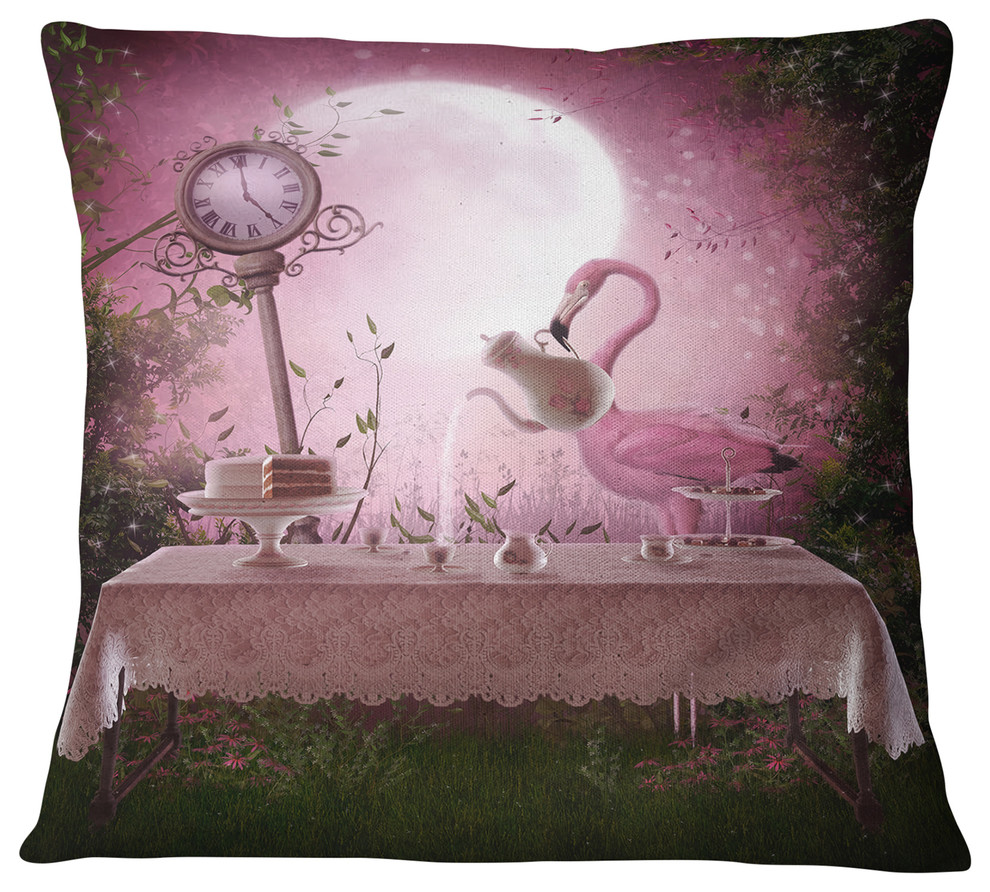 Fantasy Garden with a Flamingo Modern Landscape Printed Throw Pillow, 16"x16"