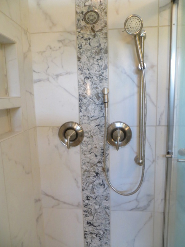 Transitional gray tile and stone tile home design photo
