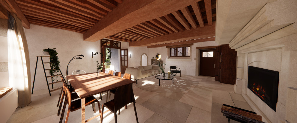 Foto di un soggiorno eclettico di medie dimensioni e aperto con pareti bianche, camino classico, cornice del camino in pietra, pavimento beige e travi a vista