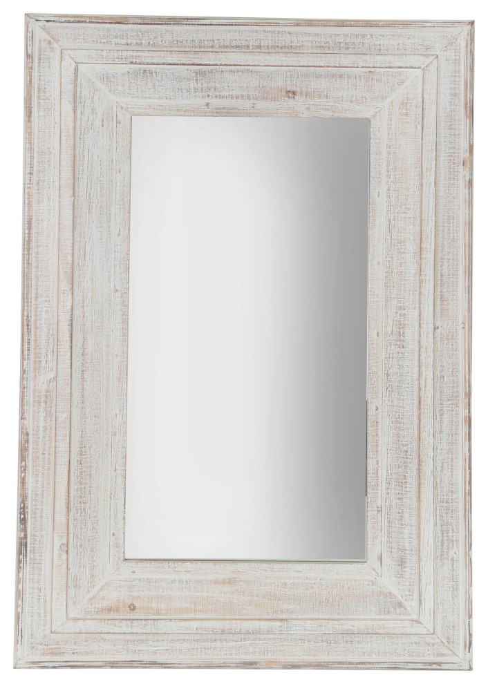 Rectangular Shape Wall Mirror with Wooden Frame, Distressed White