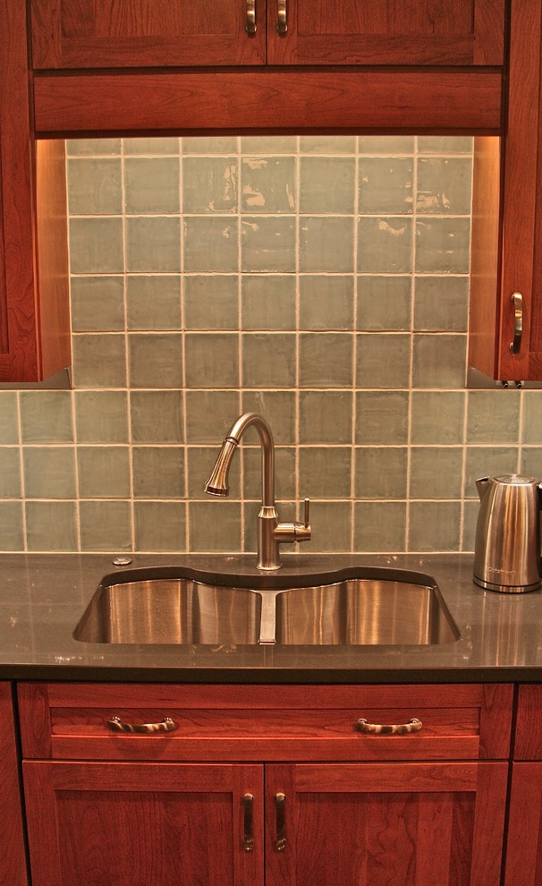 Transitional laminate floor kitchen photo in DC Metro with shaker cabinets, quartz countertops, blue backsplash and porcelain backsplash